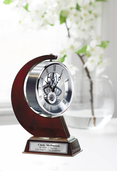 Engraved Personalized Clock Large Gear Da Vinci which Rotates 360 Degrees with Silver Engraving Plate on Wood. Anniversary clock awards
