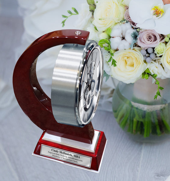 Engraved Personalized Clock Large Gear Da Vinci which Rotates 360 Degrees with Silver Engraving Plate on Wood. Anniversary clock awards