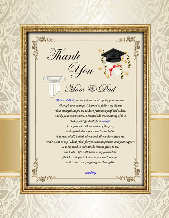 grad gift thank you card Graduation Thank You Mom Dad Family Poetry School Support Parents