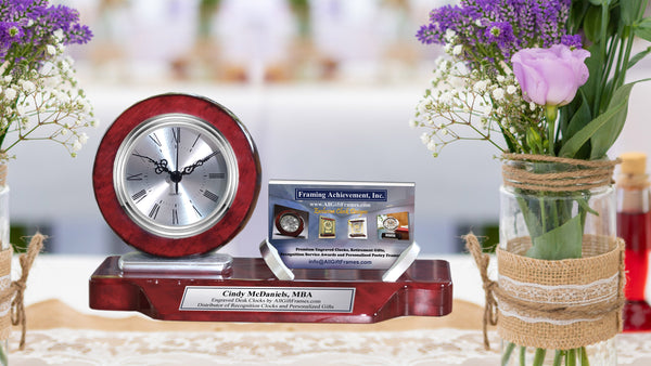 Engrave Name Plate Desk Clock Business Card Holder Display Table Stand Desktop Case Silver Mahogany Wood Employee Promotion Graduation Gift Corporate Company Service Award