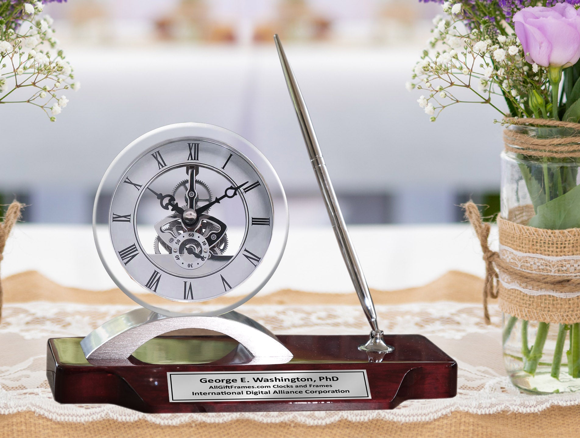 Desk Clock Pen Set Personalized Unique Silver Clock Clear Transparent