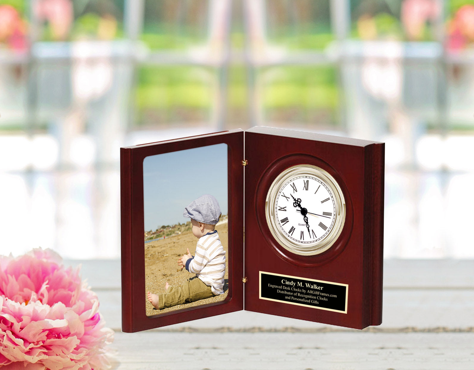 Library Clock Photo Frame Custom Engravable Picture Frame Clock Desktop Fits 4x6 Photo Table Pho