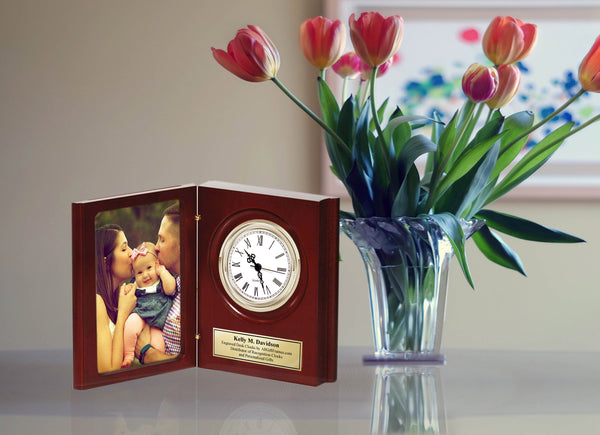 Folding Award Bookcase Photograph Engraved Desk Clock Personalize 4x6 Photo Picture Custom Gift Present Shelf Table Anniversary Wedding Case