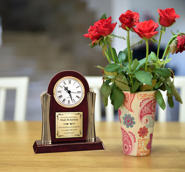 Unique Top Selling Engraved Desk Clock Etched Gold Engraving Arch Wooden Metal Accent Column Business Gift Company Best Birthday Love Spouse