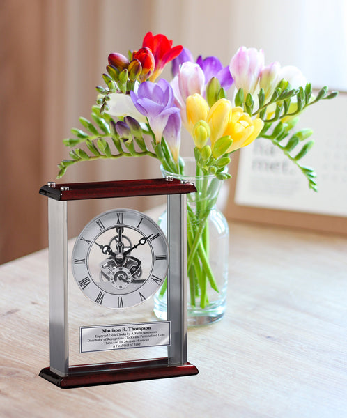 Personalized Desk Clock Da Vinci Gear Encased Glass Chrome with Wood Cherry Top and Base. Engraved Clock Wedding Gift Award Retirement