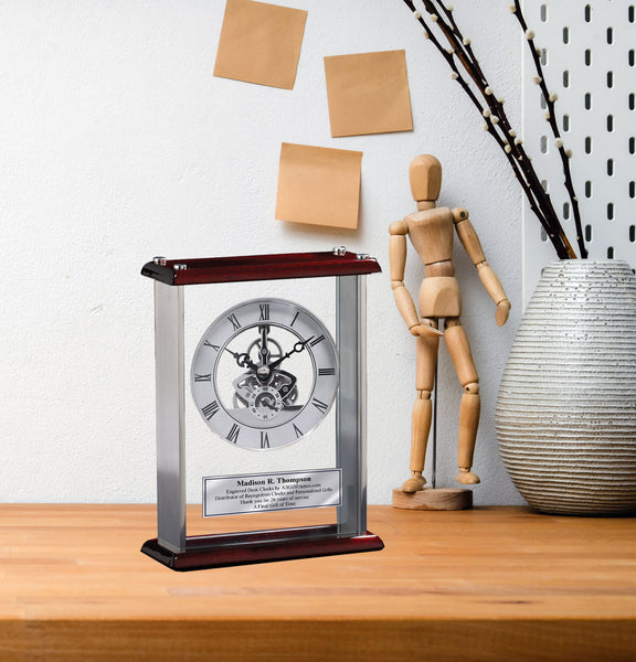 Personalized Desk Clock Da Vinci Gear Encased Glass Chrome with Wood Cherry Top and Base. Engraved Clock Wedding Gift Award Retirement
