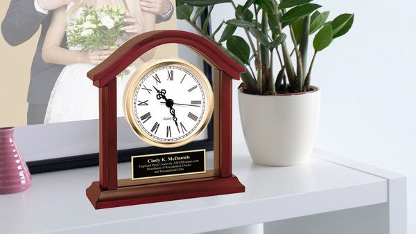 Personalized Wood Table Desk Clock Crowned Top Black Engrave Shelf Custom Engravable Desktop Business Etched Executive Graduation Coworker