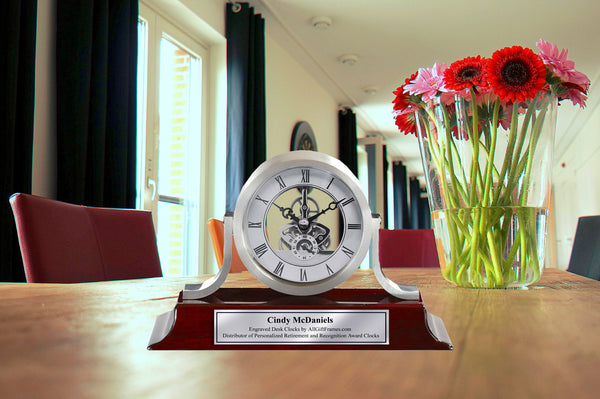 Personalized Brush Silver Mantle Engraved Clock Da Vinci Dial with Silver Engraving Plate executive retirement anniversary birthday