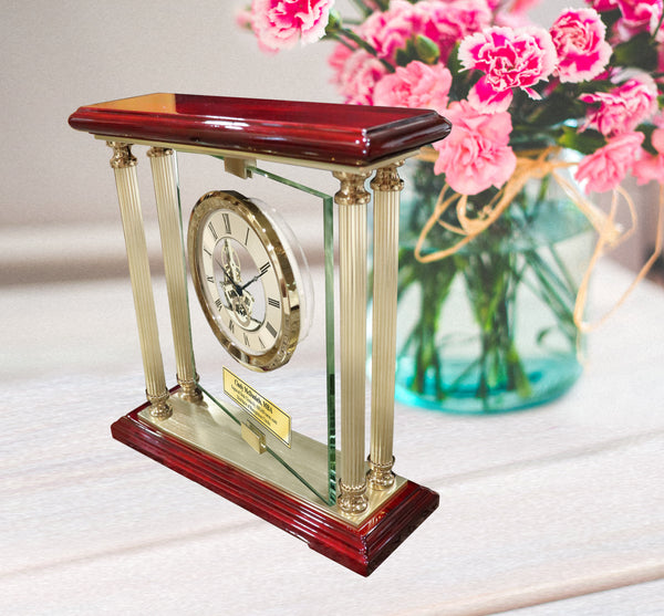 Gold Gear Davinci 360 Degree Spinning Glass Personalized Desk Mantle Clock Table Top Engraved Boss Coworker Retirement Recognition Wedding Anniversary Mantel Service Award Promotion