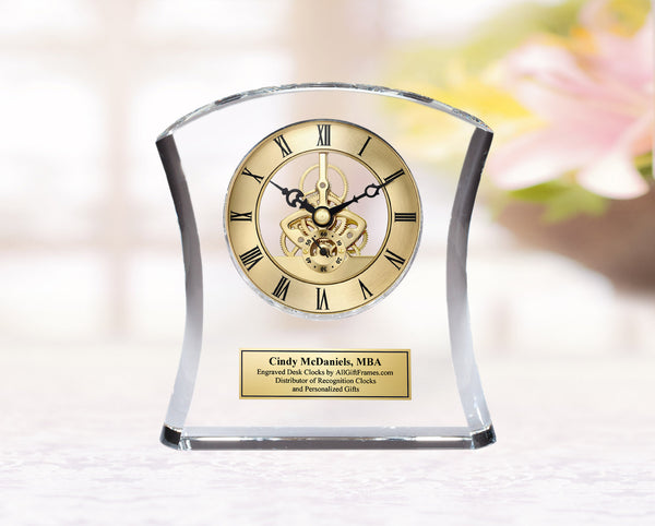 Diamond Cut Arch Crystal Mantel Desk Engraved Clock Gold Personalized Gear Table Employee Retirement Service Award Graduation Gift Wedding