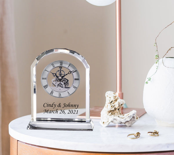 Personalized Crystal Clock Black Colorfill Desk Engraved Clock Wedding Anniversary Employee Recognition, Service Award and Retirement Gifts Colorfill Diamond Cut Silver Da Vinci Arch