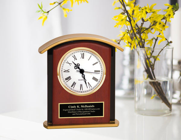Engrave Shelf Clock Service Award Gift Arch Base Black Border Wood Panel Black Engraved Plate Present Retire Coworker Employee of The Year