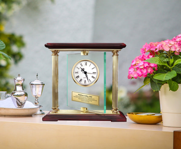 Gold Table Clock Glass Rotating Accent Clocks Display Birthday Housewarming Girlfriend Boyfriend Wife Husband Gift Retirement Thank You Love