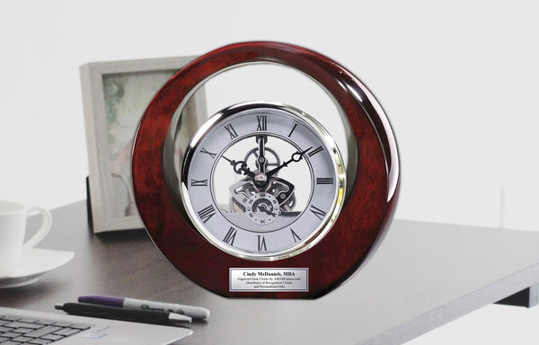 Executive Engraved Silver Gear Da Vinci Marquee Dark Cherry Personalized Desk Clock Employee Recognition Service Award Wedding Anniversary Desk Clock Retirement Coworker Boss Colleague