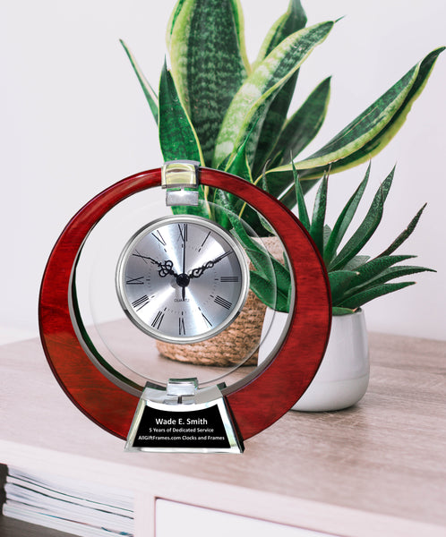 Pivoting Glass Silver Dial Clock Mounted Eclipse Wooden Structure Chrome Metal Base Engraved Clocks Engravable Retirement Gift Coworker Boss