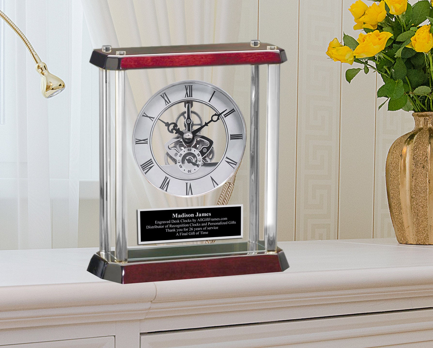 Etched Engraved Personalized Aluminum Clock Silver Gear Mantel Gift Bi