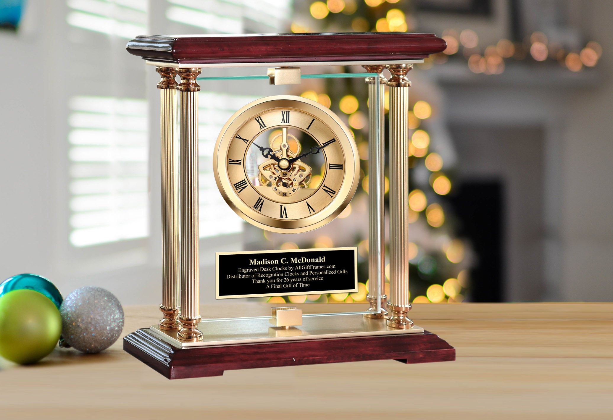 Revolving Display Clock Glass Rotating 360 Degree Gold Gear Clock Display Case Black Engraved