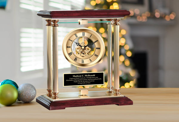 Glass Rotating 360 Degree Gold Gear Clock Display Case Black Engraved Plate Wood Unique Graduate Engineer Retirement Anniversary Gift