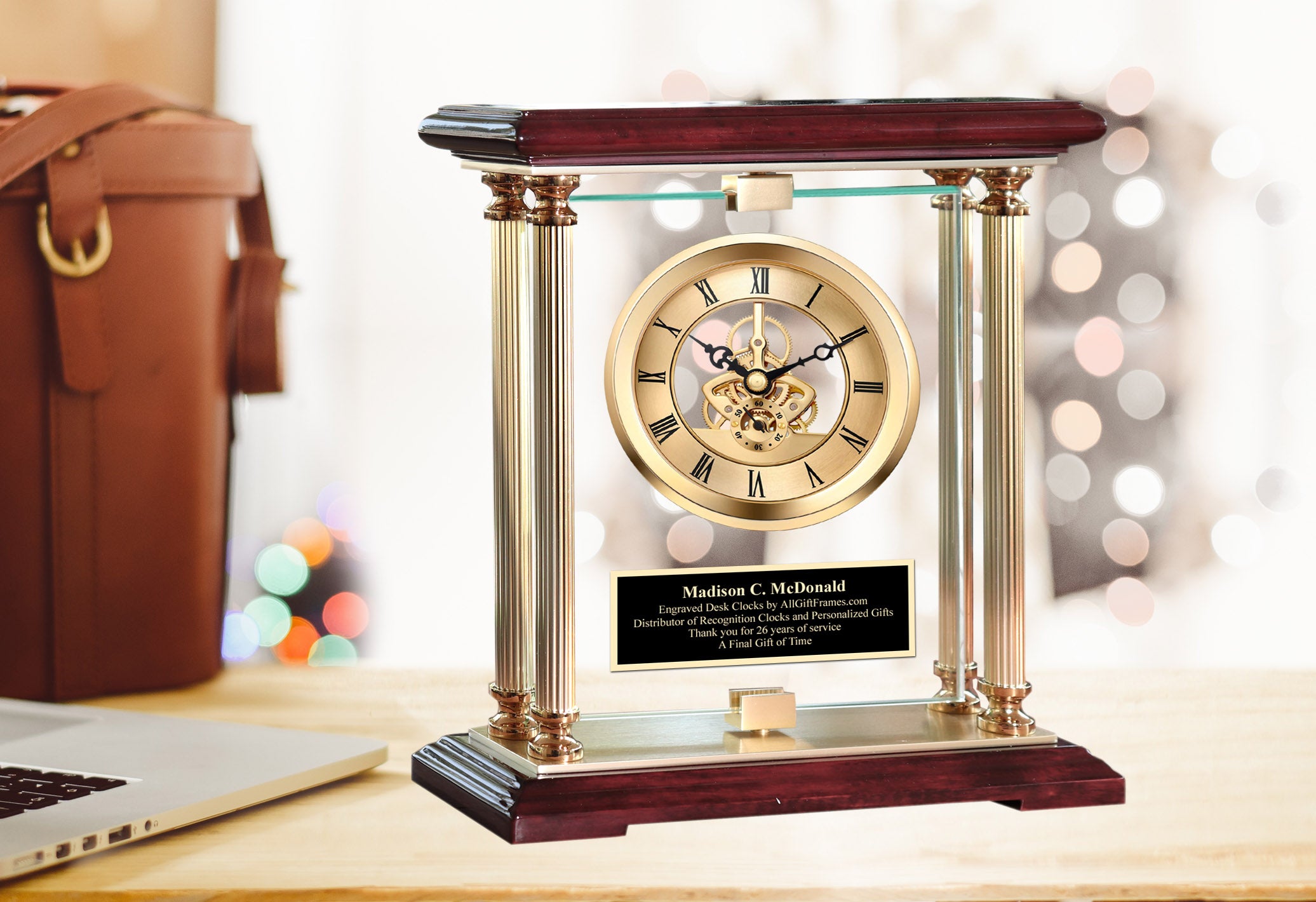 Glass Rotating 360 Degree Gold Gear Clock Display Case Black Engraved