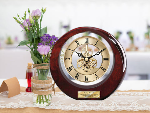 Glossy Cherry Wood with Gold Da Vinci Gear Moon Clock and Gold Engraving Plate wedding anniversary birthday retirement employee gifts