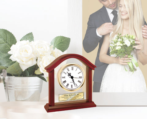Engraved Clock Clear Glass Anniversary Wedding Retirement Desk Clock Arch Wood Employee Recognition Service Award Anniversary Gift Wedding