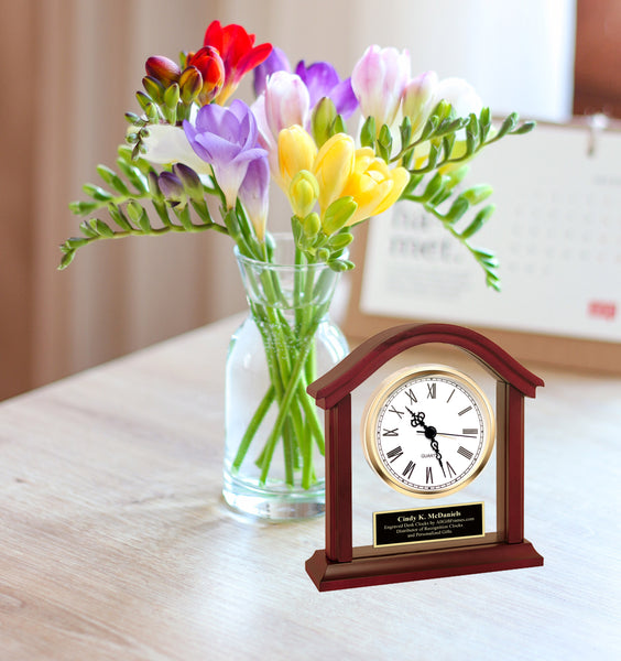 Customizable Table Clock Personalized Wood Table Desk Clock Crowned Top Black Engrave Shelf Cus