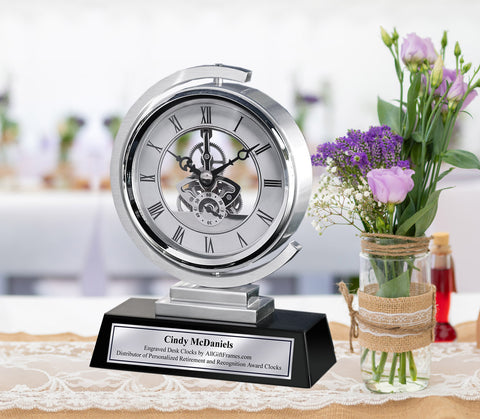 Gear Da Vinci Metal Silver Desk Clock Which Rotates 360 Degrees with Silver Engraving Plate. Unique Engineering Anniversary Retirement Gift