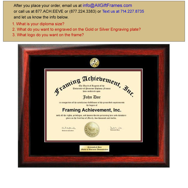 Engraved Diploma Frame Satin Rich Mahogany Graduation Diploma Framing College Major Logo Top mat Black Inner Maroon University Frames