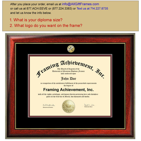 Certificate Frames University Diploma Frame - Graduation College Major Seal Logos Satin Mahogany Gold Accents Top matted Black Inner Maroon