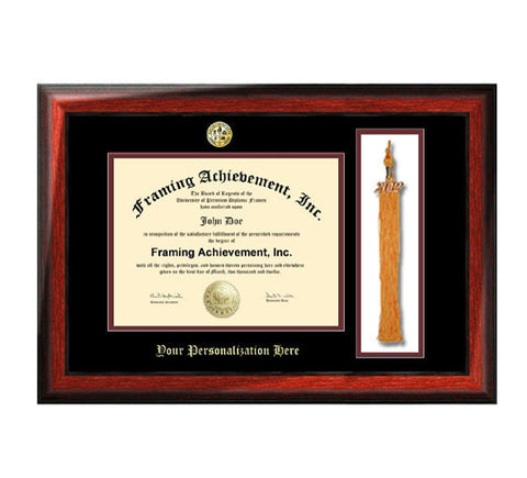 Graduation Tassel Holder University Major Logo Frame Top matted Black Inner Maroon Satin Rich Mahogany Tassel Embossed Diploma Framing