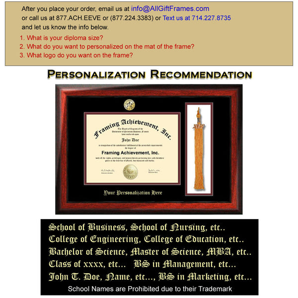 Graduation Tassel Holder University Major Logo Frame Top matted Black Inner Maroon Satin Rich Mahogany Tassel Embossed Diploma Framing