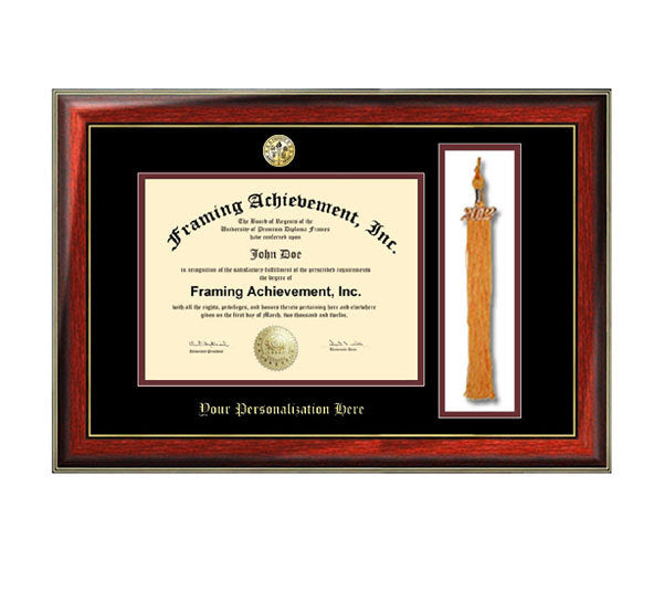 Tassel Diploma Frame College Major Logo Seal Frame Top matted Black Inner Maroon Satin Mahogany Gold Accents Embossed Framing Certificate