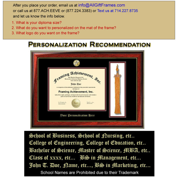 Tassel Diploma Frame College Major Logo Seal Frame Top matted Black Inner Maroon Satin Mahogany Gold Accents Embossed Framing Certificate