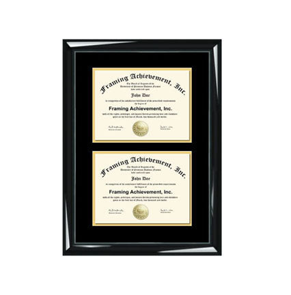 Dual Diploma Frame Double Certificate Frames Two Document Glossy Majestic Black Top mat Black Inner matted Gold Double College Major Plaque