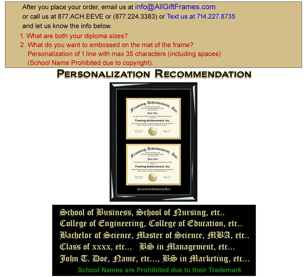 Dual Diploma Frame Double Certificate Frames Embossed Two Document Glossy Majestic Black Top mat Black Inner matted Gold Double College