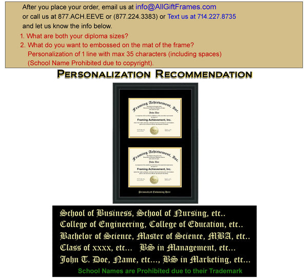 Double University Diploma Frame Double Certificate College Frames Embossed Two Document Satin Matte Black Top mat Black Inner matted Gold