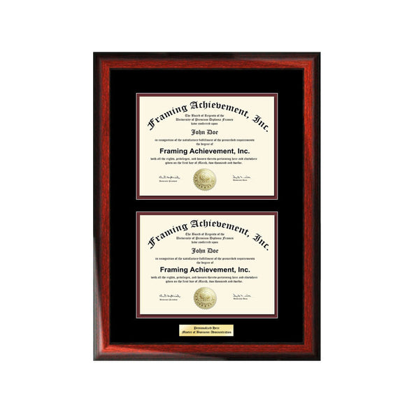 Double Graduation Diploma Frame Engraved Dual Certificate College Frames Satin Rich Mahogany Top mat Black Inner matted Maroon Document