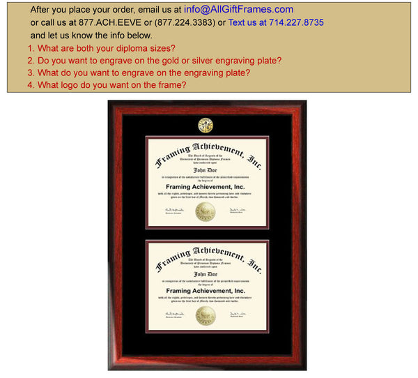 University Double Diploma Frames Graduation Engraved College Degree College Major Logo Satin Rich Mahogany Top mat Black Inner matted Maroon