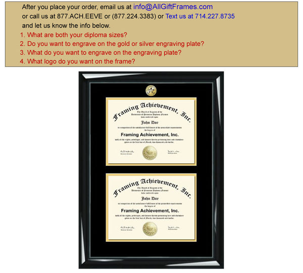 Graduation Double Diploma Frame Engraved University Degree Major Logo Glossy Majestic Black Top mat Black Inner matted Gold Dual Certificate