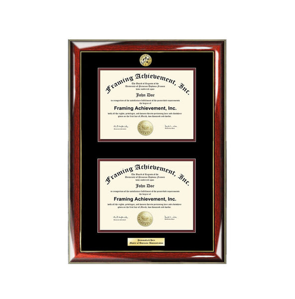 Graduation Dual Degree Diploma Frame Engraved University Major Logo Glossy Prestige Mahogany Gold Accents Top mat Black Inner matted Maroon