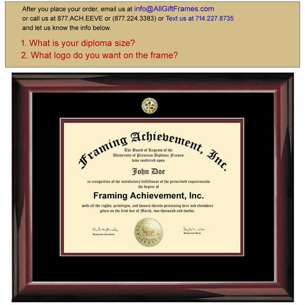 University Degree Frame - College Major Seal Logos Glossy Mahogany Top matted Black Inner Maroon Collegiate Diploma Frame College Framing