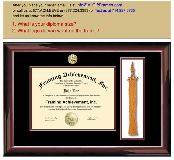 Tassel Diploma Frames - Graduation University Frames College Major Seal Logos Top mat Black Inner Maroon Traditional Mahogany Degree Plaque