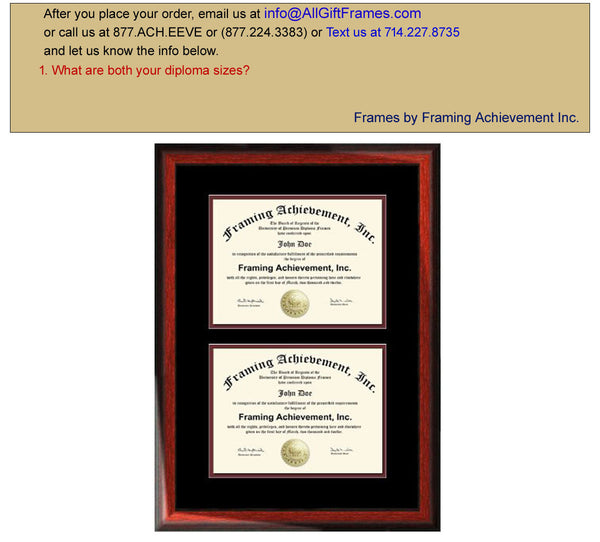 Double Diploma Frame Double Degree Plaque Two College Certificates Satin Rich Mahogany Top mat Black Inner matted Maroon Dual Document
