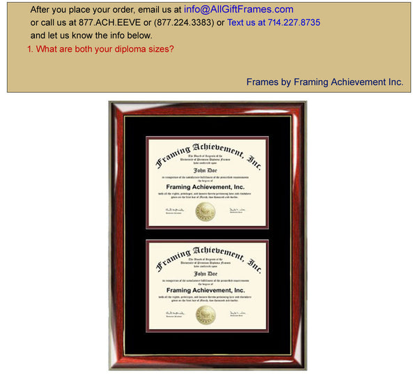 Double Degree Frame Dual Diploma Frames Two Certificate Glossy Prestige Mahogany with Gold Accents Top mat Black Inner matted Maroon
