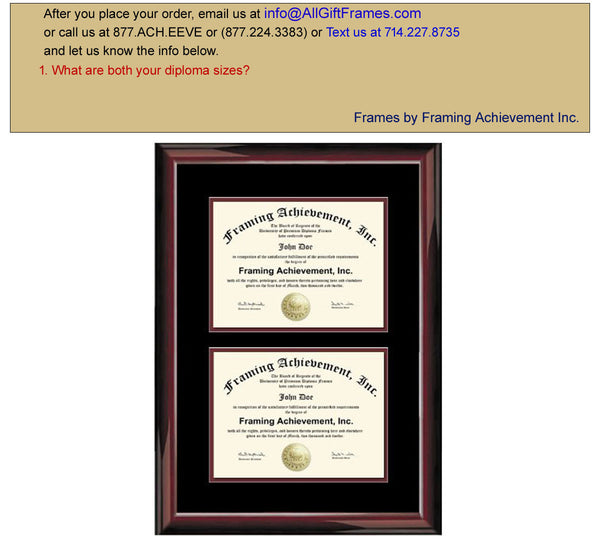 College Dual Diploma Frame Two Degree Double Certificate Plaque Glossy Traditional Mahogany Top mat Black Inner matted Maroon University