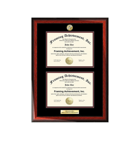 University Double Diploma Frames Graduation Engraved College Degree College Major Logo Satin Rich Mahogany Top mat Black Inner matted Maroon