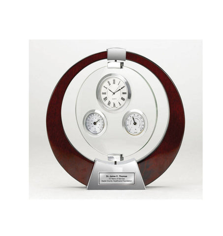 Saturn Cherry Wood Clock with Glass Swivel Thermometer, Hydrometer and Silver Engraving Plate Retirement Gift Anniversary Recognition Award