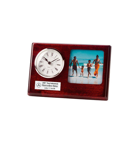 Cherry Silver Bezel Clock 3 x 3 Photo Frame and Silver Engraving Plate. Great Retirement Gift, Wedding Gift or Employee Recognition Award