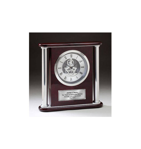 Large Chrome Engraved Gear Clock Column Tower Cherry Wood Da Vinci Silver Engraving Plate Wedding Anniversary Retirement Service Award