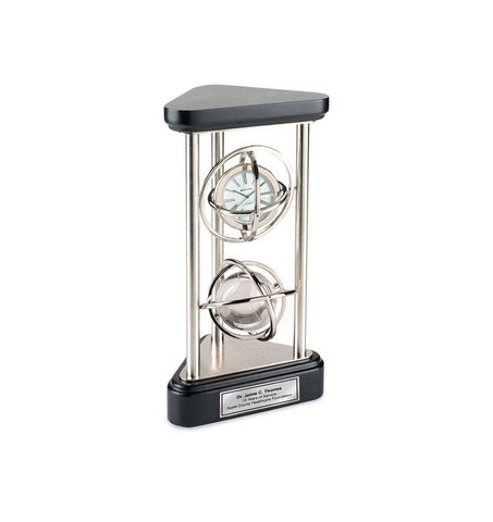 Gyro Spinning Desk Clock Crystal Globe on Silver Pillars with Silver Engraving Plate Retirement Gift Recognition Award Wedding Anniversary